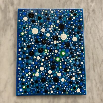 Dot Painting on Painted Canvas with Blues Greens, Black and White