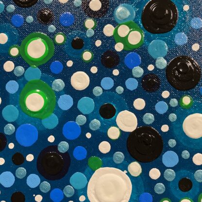 Dot Painting on Painted Canvas with Blues Greens, Black and White - Image 2