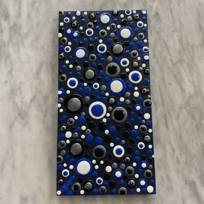 Blob Art; Black, White, Silver and Blue on a Navy Blue Wood Canvas