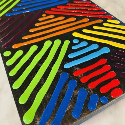 Geometric Line Art; Rainbow Triangles on Black Wood Canvas - Image 2